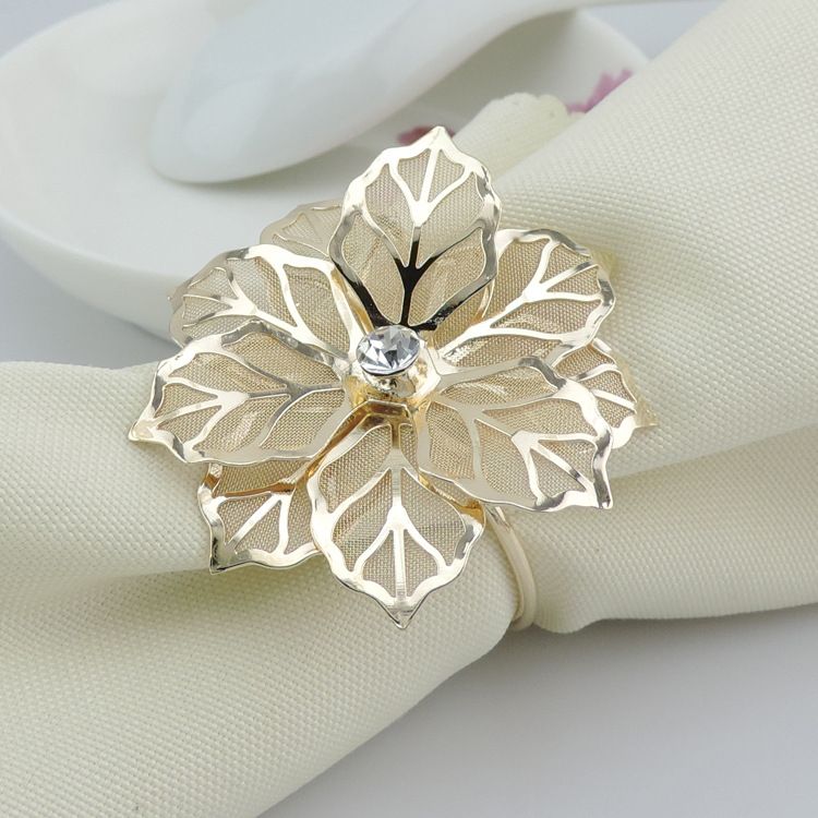 Gold Metal Flower Rhinestone Napkin Ring Serviette Holder Napkin