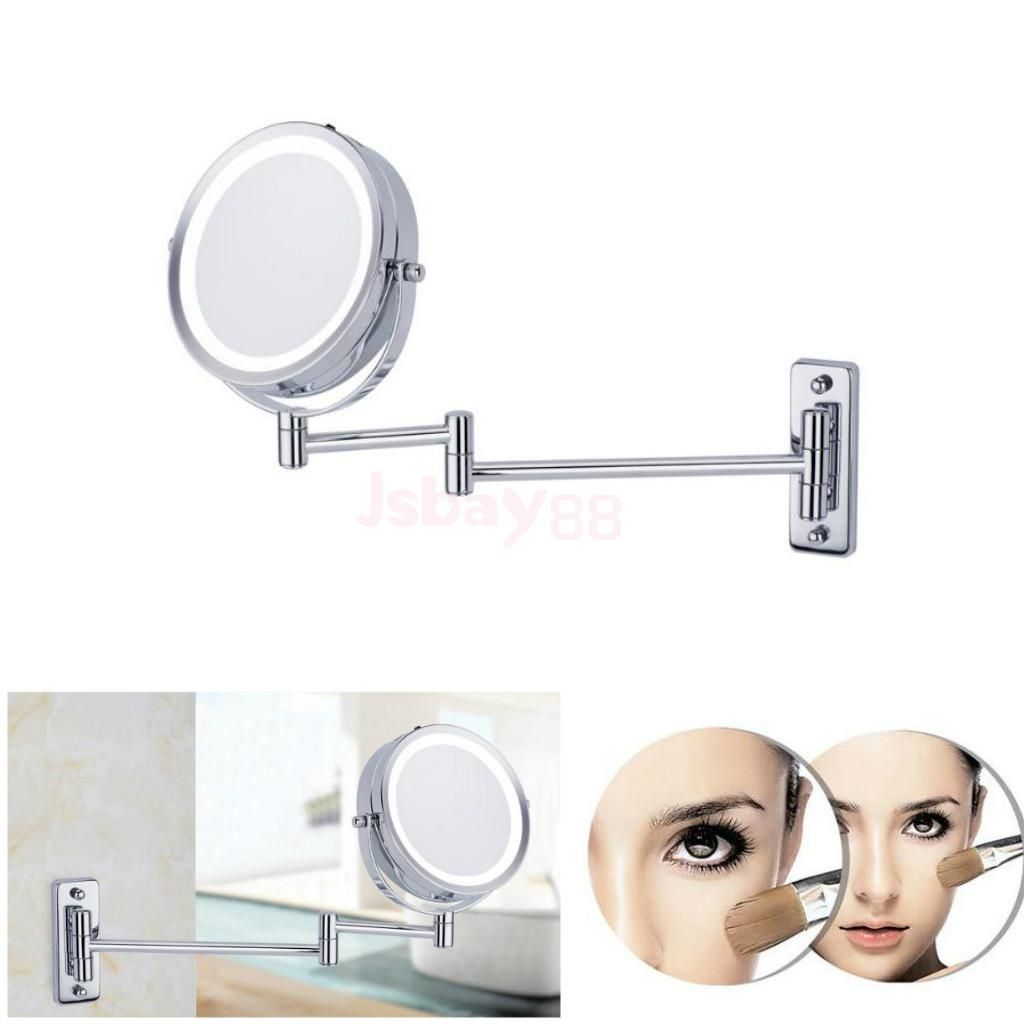 Two Sided Swivel Wall Mount Vanity Mirror Led Lighted 5x Magnification Extension Arm For Counter Home Bathroom Shaving Makeup