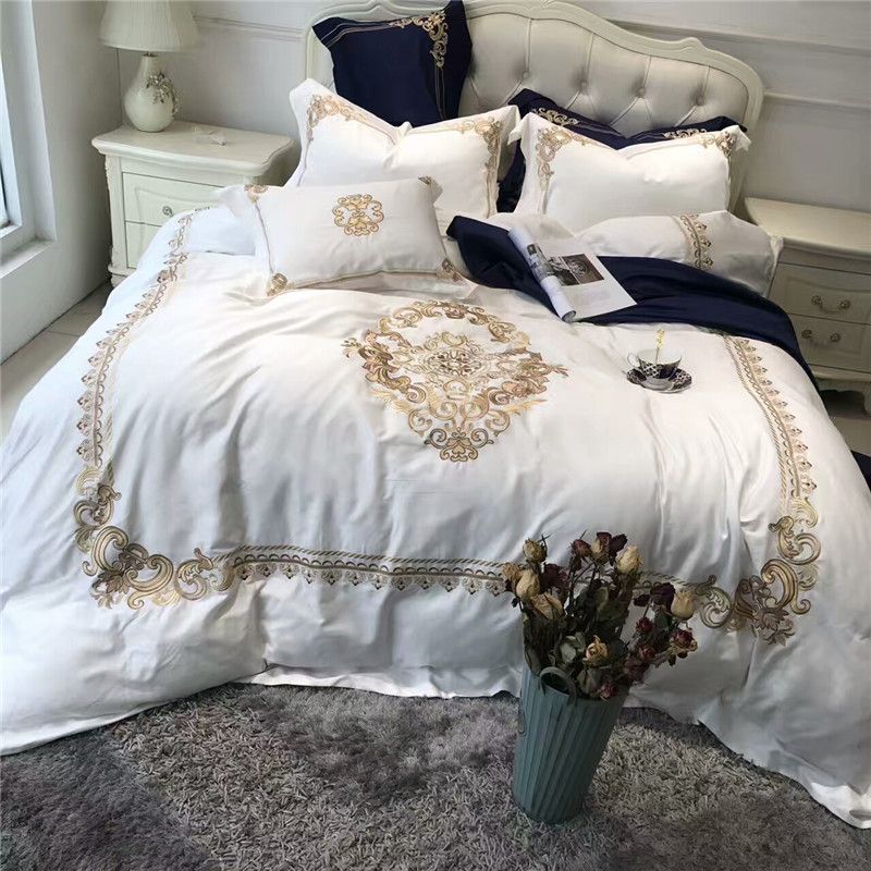 Luxury White Blue Egyptian Cotton Queen King Bedding Sets Oriental Luxury White Blue Egyptian Cotton Queen King Bedding Sets Oriental Golden Embroidery Duvet Cover Bed Sheets Set Pillowcase Super Size Linen