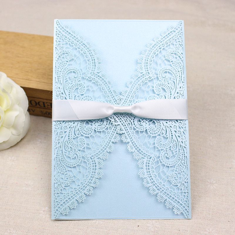 Blue Invitations Baby Shower Birthday Preciously Lace Laser Cut Invitation Set With Ribbon Custom Made