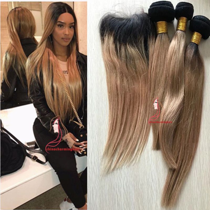 T 1b 27 Dark Root Honey Blonde Straight Ombre Human Hair Weave 3