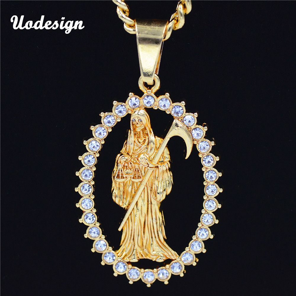 Whole Uodesign Top Quality Gold Color Holy Saint Santa Uodesign Top Quality Gold Color Holy Saint Santa Muerte Men S Biker Hiphop Pendant Necklace