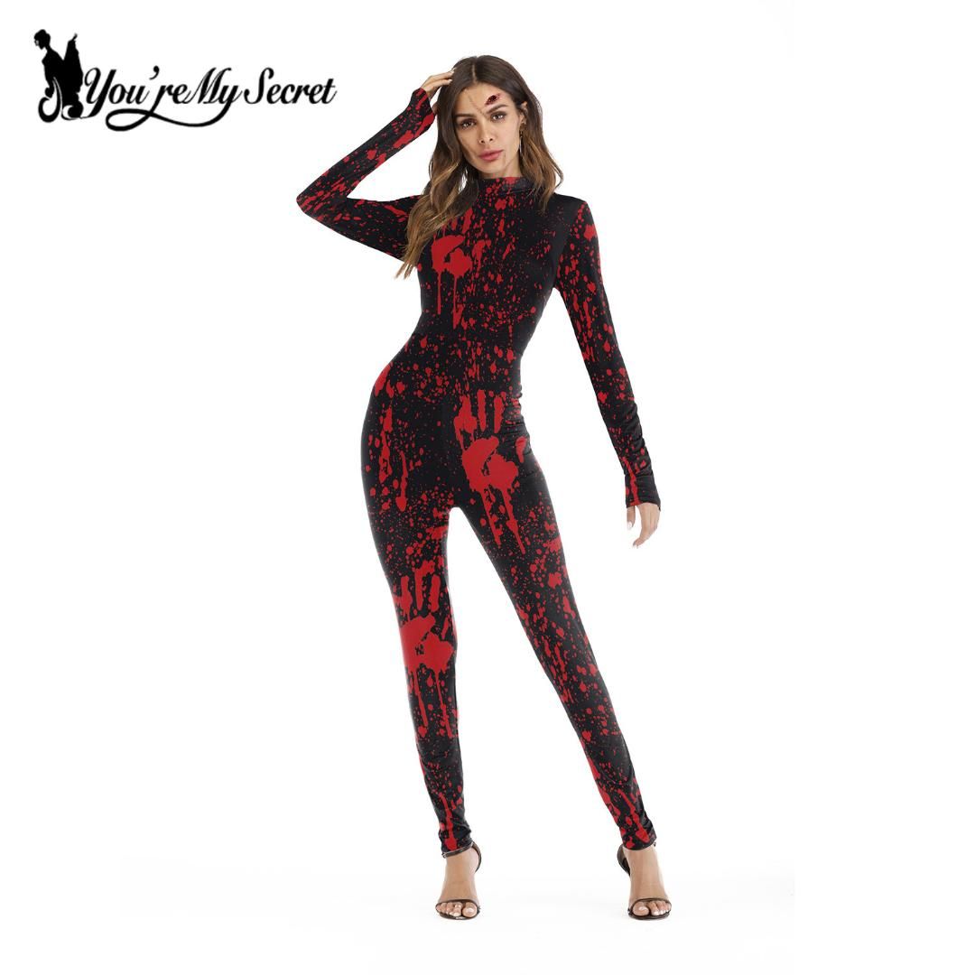 youre my secret 2018 scary halloween costumes for women catsuit party back zipper bloody hand print jumpsuits costume for groups halloween themed clothes