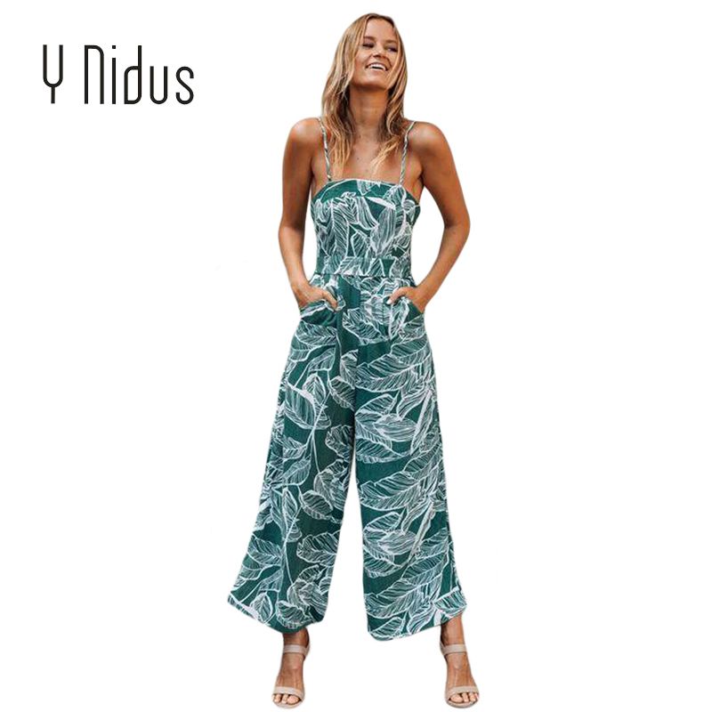 Wide Leg Jumpsuit Sexy Summer Beach Spaghetti Strap Sleeveless Navy Leaf Vein Print White Vacation Romper Boho