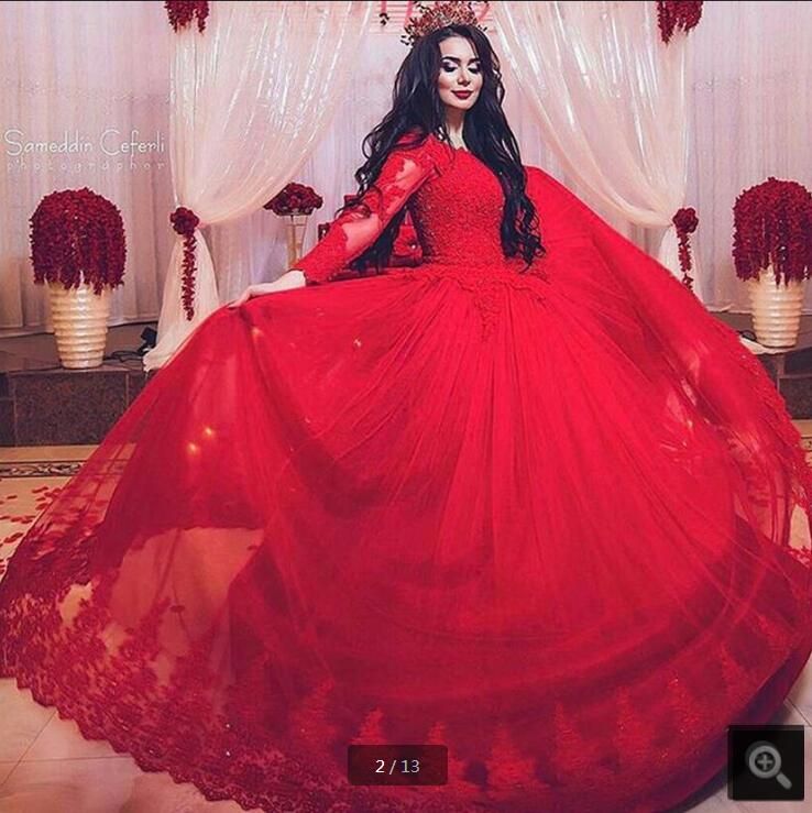 Acheter Rouge A Manches Longues Robes De Mariee Dentelle Perlee Tulle Robes De Mariee Princesse Coloree Personnalisees Arabe Dubai Pays De Mariage Robes Non Blanc De 87 85 Du Totallymodest Dhgate Com