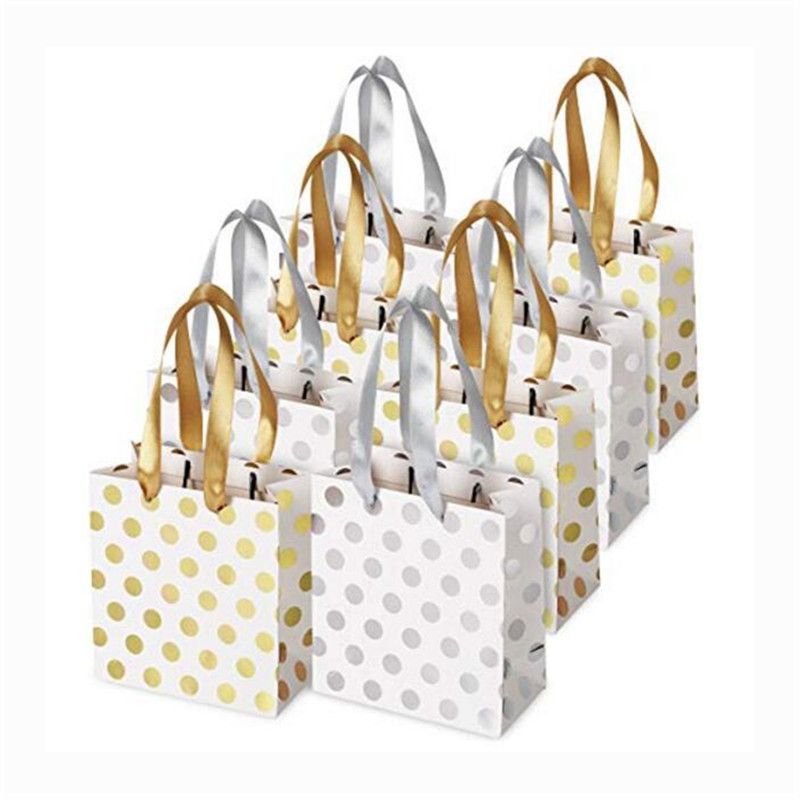 2019 Paper Small Gold Silver Metallic Dots Gift Bags With Ribbon