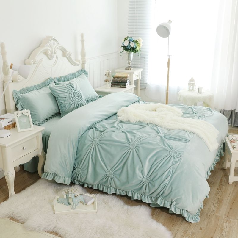 Hand Work Pleated Luxury Bedding Set Thick Fleece Winter Bed Cover Hand Work Pleated Luxury Bedding Set Thick Fleece Winter Bed Cover Full Queen King Size Skirt Duvet Pillowcase Tie Dye Sheet