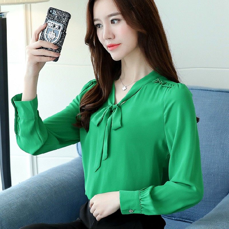 Compre Nuevos Tops Para Mujer Moda 2018 Blusa De Gasa De Otoño Arco De Mujer De Manga Larga Tallas Grandes Camisas Blusas Femeninas De Otoño Blusas Blancas Verdes A 16,32 € Del