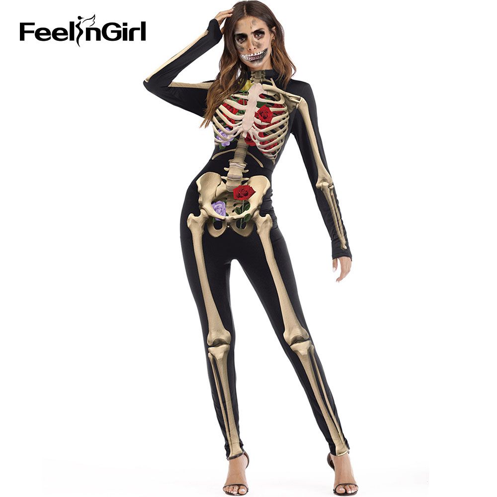 FeelinGirl Scary Costumes Women Skeleton Costume Zipper Skinny