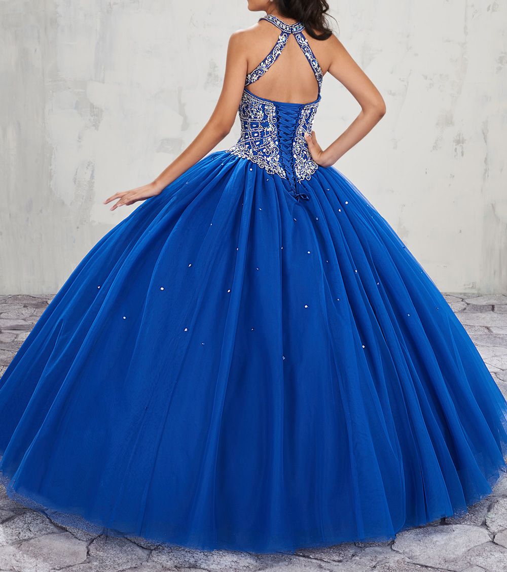 Halter Tulle Quinceanera Ball Gown with Beaded Bodice Ball Gown Prom