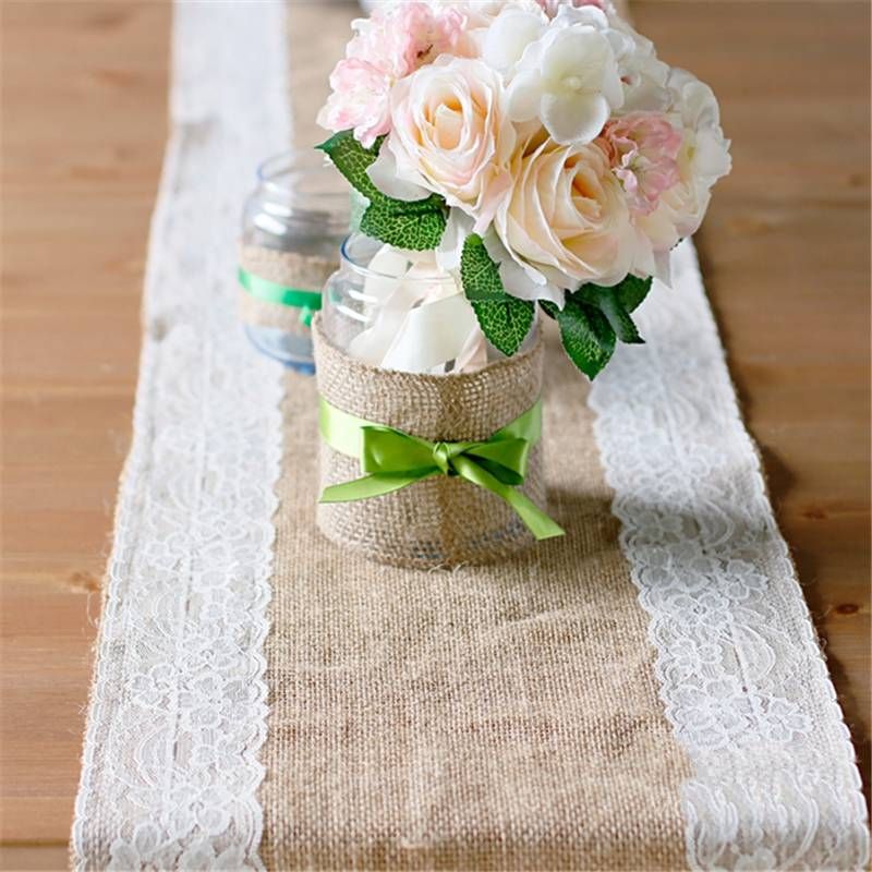 Elegant Jute Table Runner Burlap Lace Table Cloth Wedding Party Home