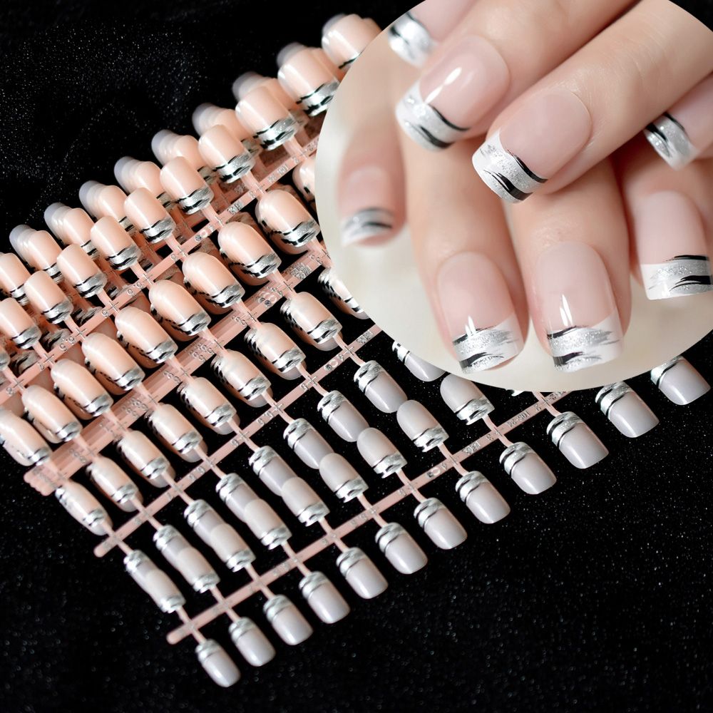 Silver Glitter Black Zebra Fake Nails Full Cover Natrual Nude French