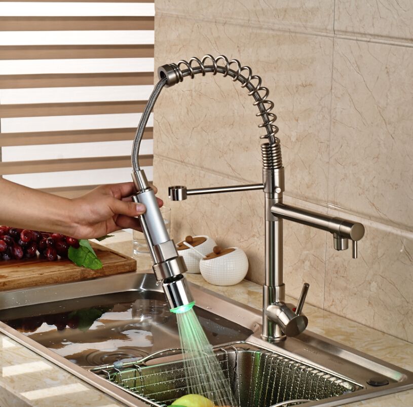 Promotion Led Color Changing Spring Dual Spout Kitchen Sink Faucet Deck Mount Brass Hot And Cold Water Mixer Taps