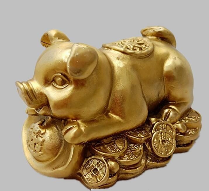2019 Chinese YELLOW Copper Pig Status Feng Shui Bronze Brass Ferocious Art & Crafts Wedding Home