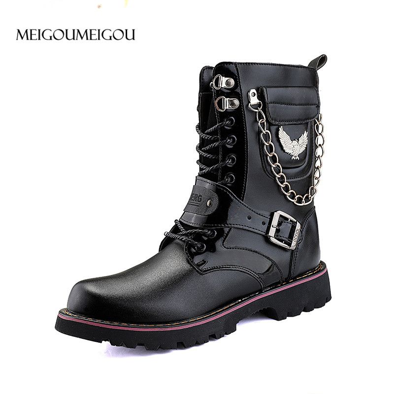 Schwarz Stiefel Pu Durable Martin Männer Leder Männliche Mode Metall Motorräder Boot Design Winterstiefel Meigoumeigou Dekoration sQxBdCthr