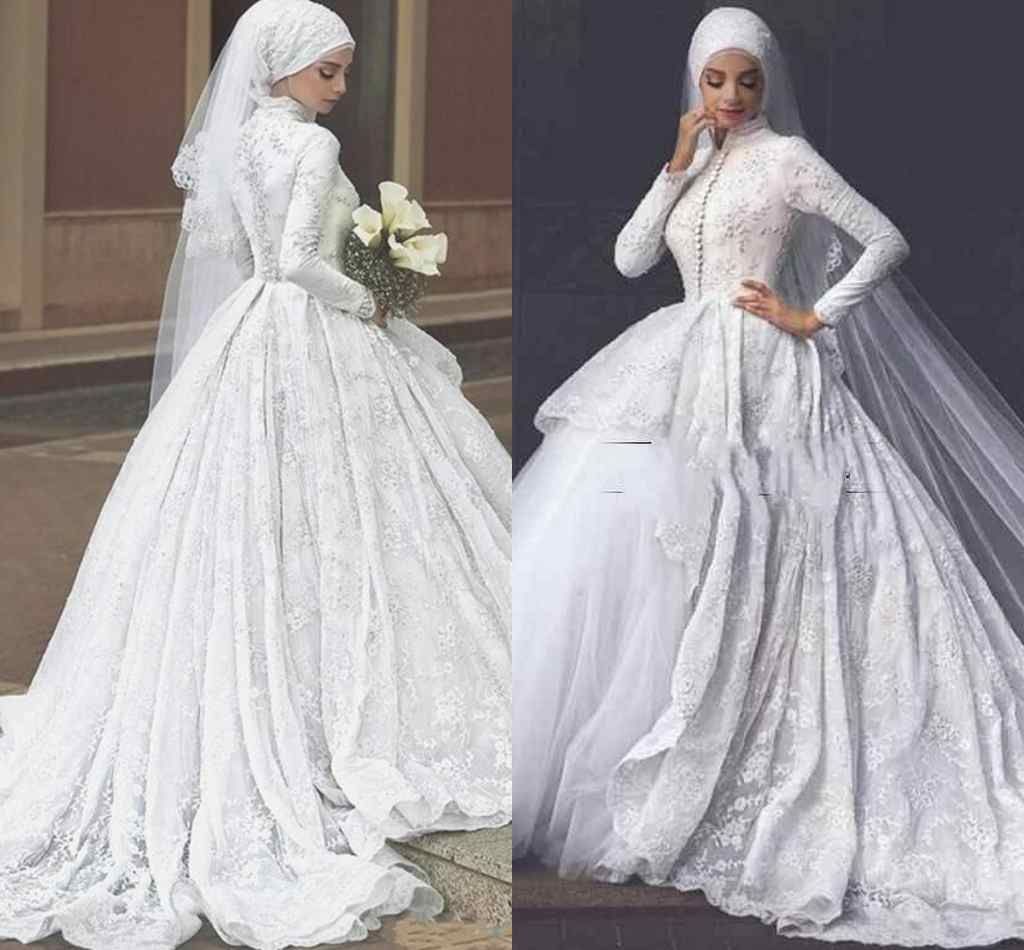 Muslim Hijab Ball Gown Wedding Dresses Tiered Skirts High Neck Lace Appliques Bridal Dresses 