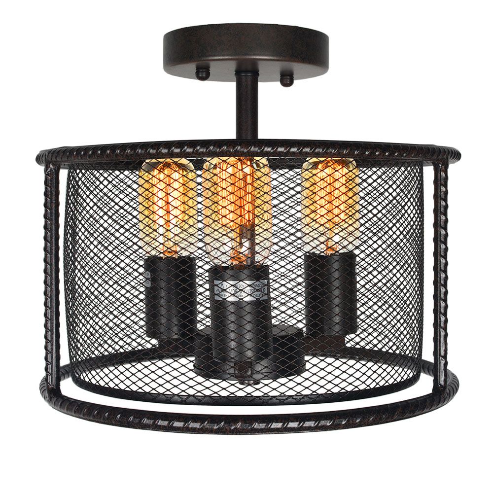 2018 Semi Flush Mount Ceiling Light 3 Industrial Metal Drum 2018 Semi Flush Mount Ceiling Light 3 Industrial Metal Drum With Mesh Cage Shade Vintage Pendant Bronze From