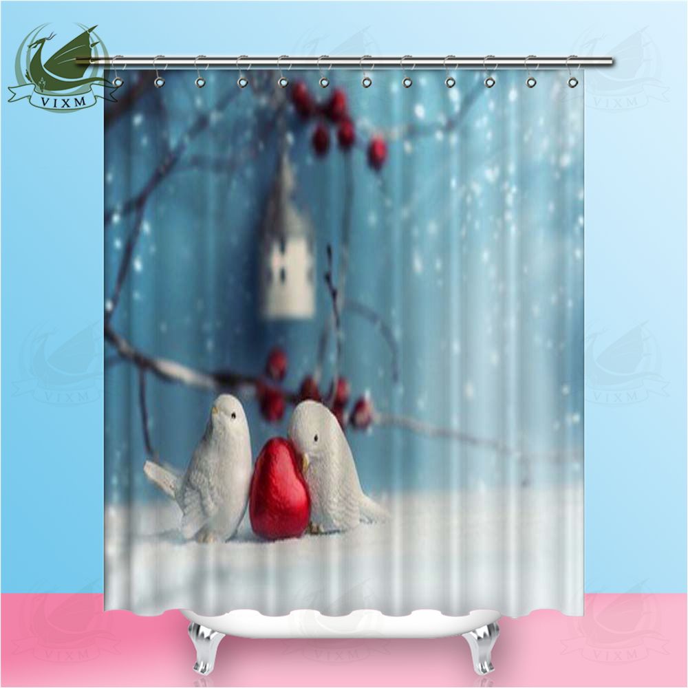 Vixm Deux Mignons Oiseaux En Céramique Dans L Amour à L Heure D Hiver Valentines Day Rideaux De Douche En Polyester Rideaux En Tissu Pour La