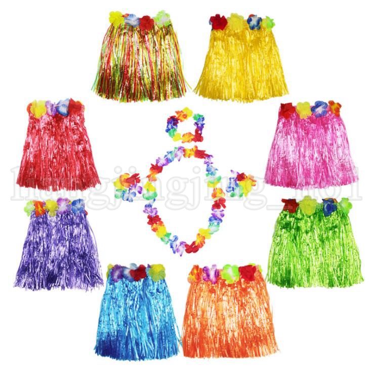 New Kids Adult Hawaiian Hula Grass Skirt Flower Wristband Party Beach DressRDFJ