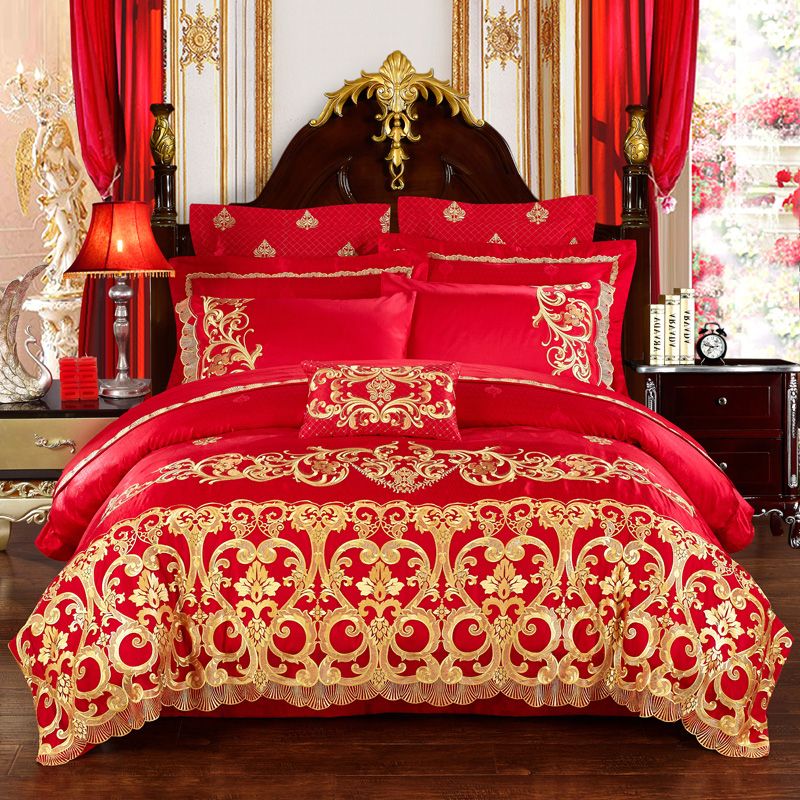 4 6 9pcs Red Luxury Coon Satin Bedding Set Queen King Bed Gold Lace Embroidery Duvet Cover Sheet Pillowcase