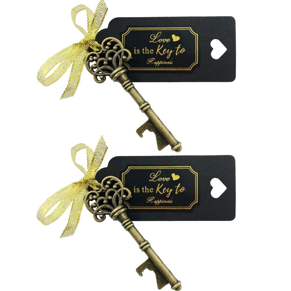 Skeleton Key Shaped Bottle Openers With Tags Card Gold Ribbon