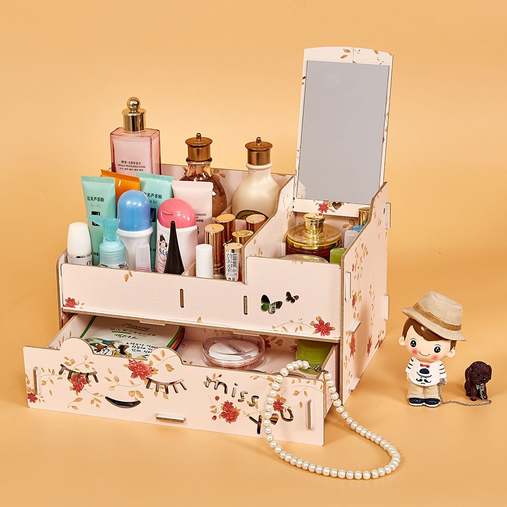 Wood Makeup Organizer Desk Case With Mirror Desktop Multi Slots Storage Holder For Jewlry Cosmetic Supplies