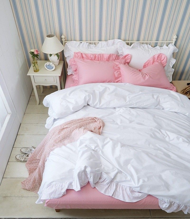4 King Queen Twin Size White Grey Color Girl Bedding Sets With 4 6pcs King Queen Twin Size White Grey Color Girl Bedding Sets With Ruffles Korean