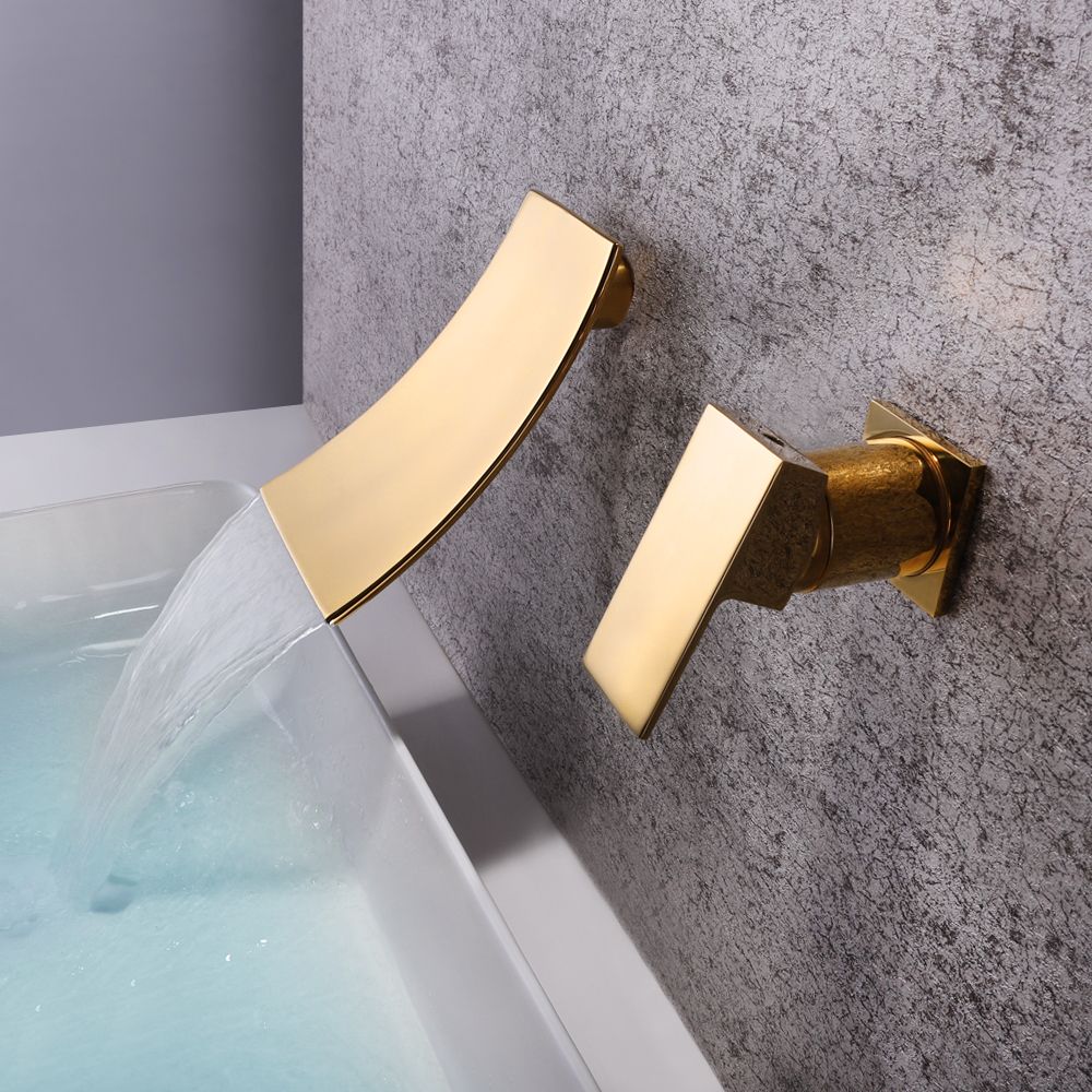 Skowll Wall Mounted Waterfall Faucet Gold Mixer Tap Bathroom Single Handle Sink
