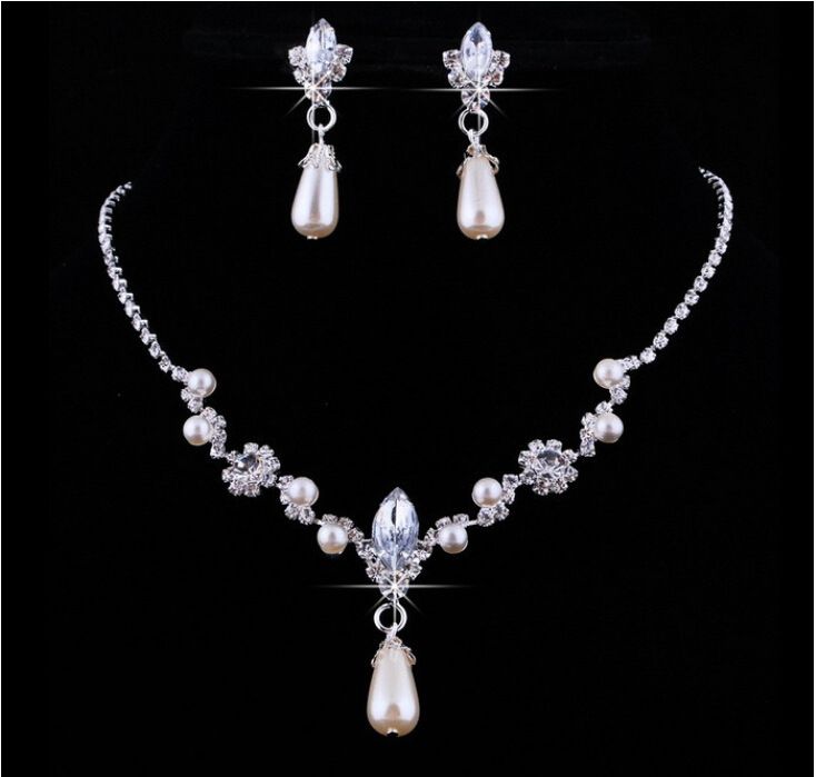 2018 Crystal Drop Pearls Silver Plated Necklace Imitation Earrings