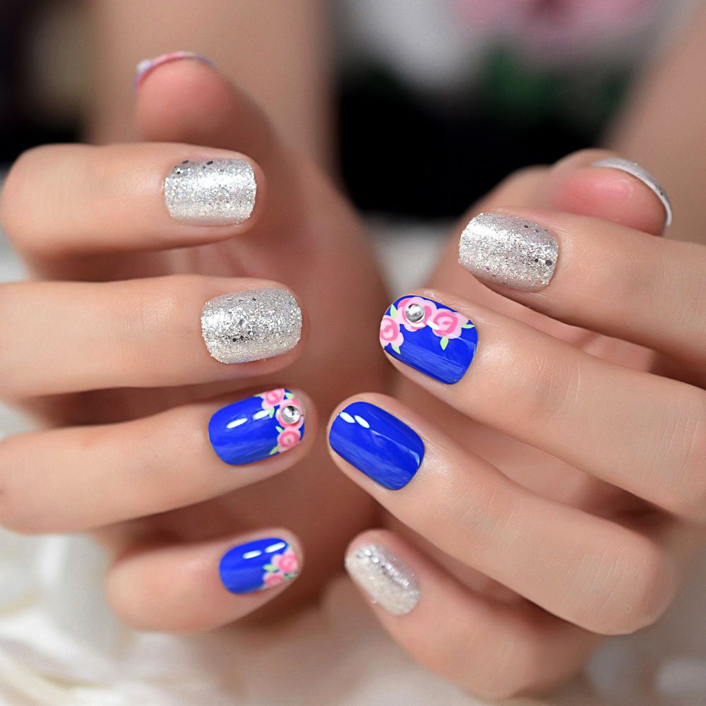 Uv Blue Pink Rose French False Nails Sparkly Silver Glitter Short