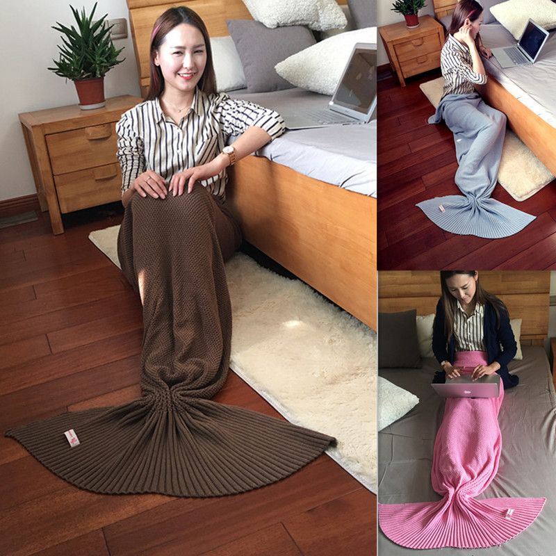 Cozzy 100 Cotton Knitted Mermaid Tail Blanket Adult Size 80x160cm Living Room Sofa Or Bed Snuggle Sleeping Bag All Seasons