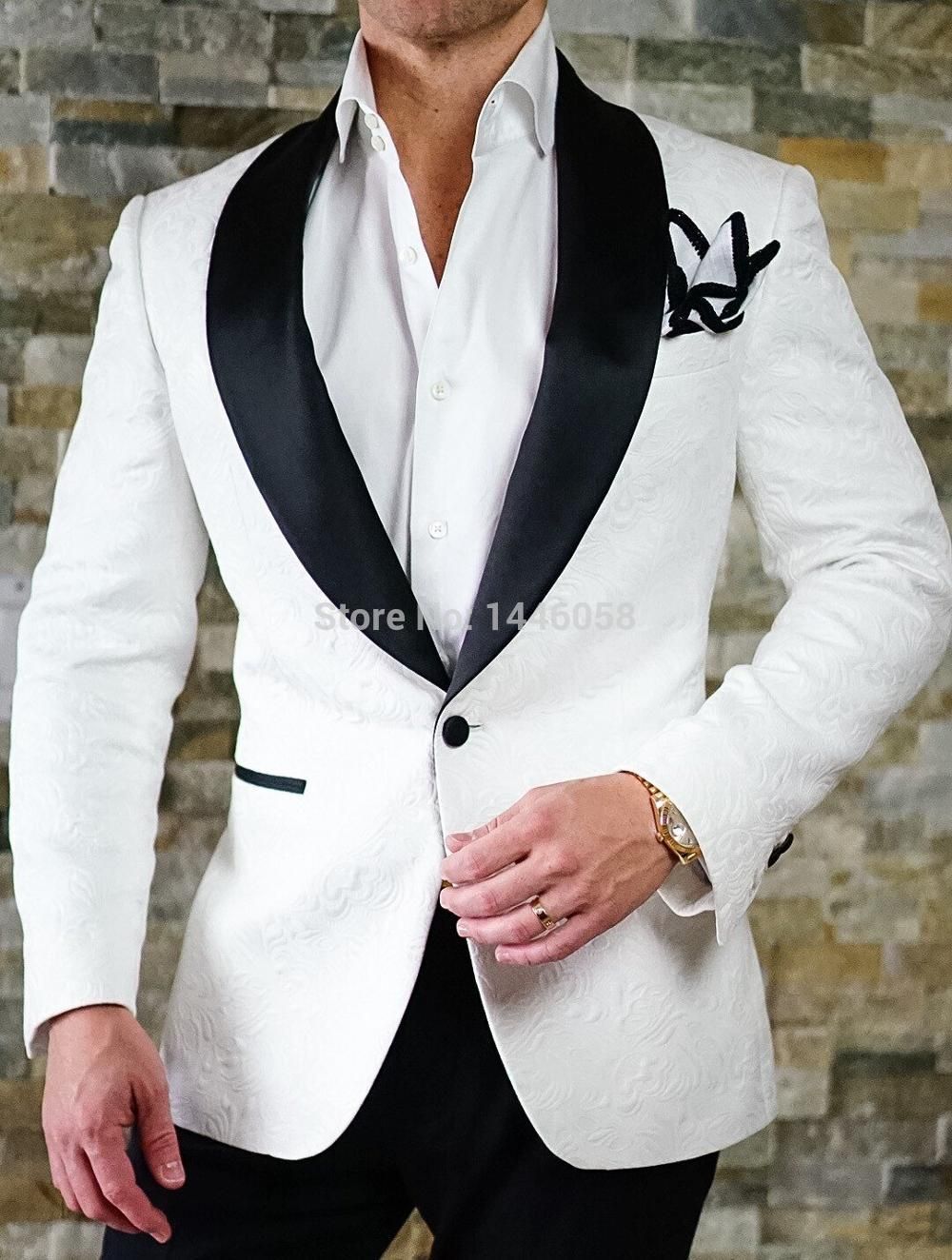 Single Breasted Collarless Groom Wedding White Blazer For Men's