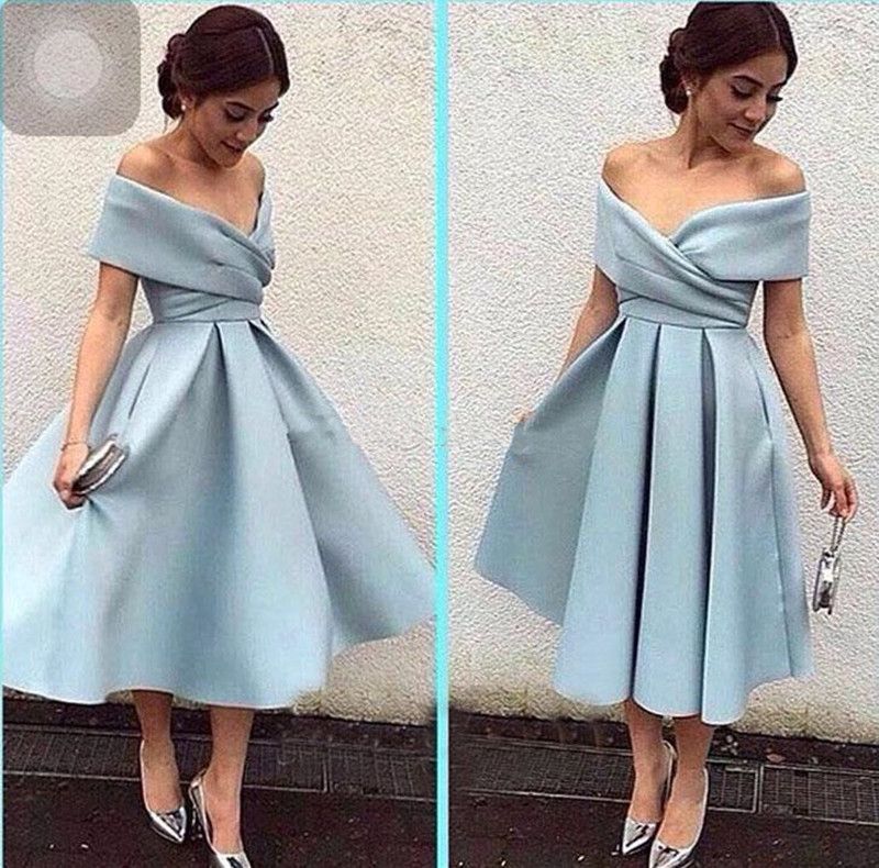Vestidos De Baile Novo Simples Azul Curto Vestidos De Baile Fora Do Ombro Ruched Cetim Chá Comprimento Lavanda Vestidos De Noite Vestidos De Festa De Comprimento Meados Sem Bolsos Vestidos Baile De