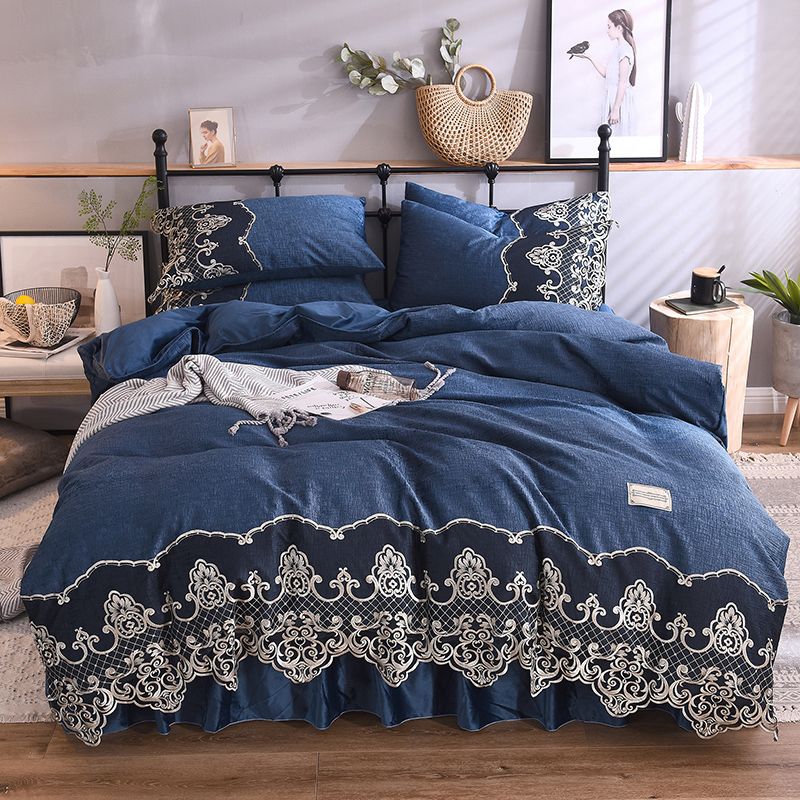 Luxury Blue Gray Purple Red Green Winter Warm Thick Fleece Fabric Bedding Set Lace Duvet Cover Bed Skirt Pillowcases Textiles