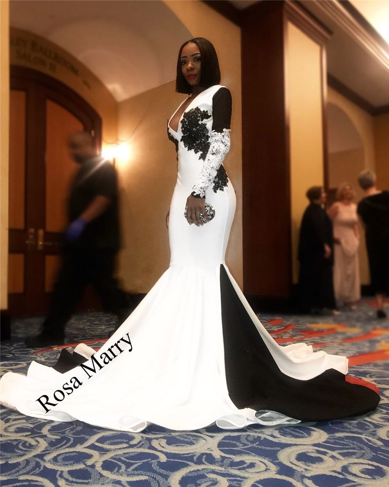  Black  White  Long Sleeves Mermaid Prom Dresses  2020  Plus 