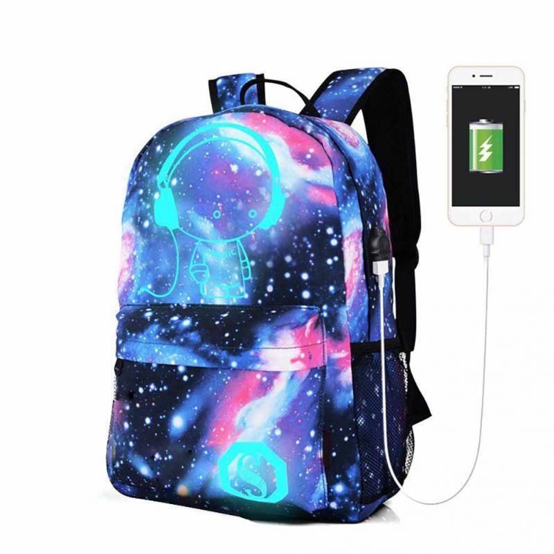 trend popular galaxy theme noctilucent backpack canvas usb charger