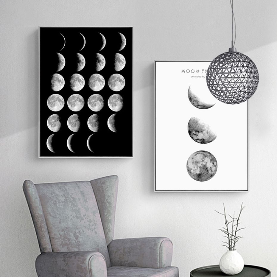 Incrivel Fases Da Lua Pintura Da Lona Paisagem Nordic Preto Branco Poster Print Wall Art Imagem Para Sala De Estar Decoracao