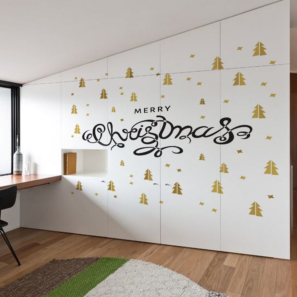 Merry Christmas Wall Stickers Gold Christmas Tree Wallpapers Waterproof Can Be Removable Self Adhesive Diy Stickers Home Decor Wall Stickers For Sale Wall