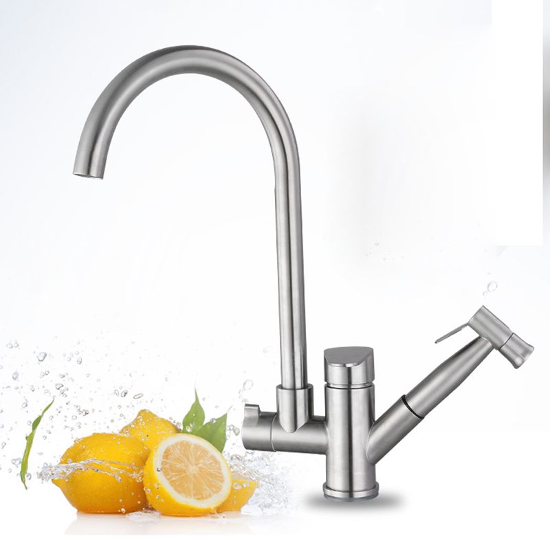 Kitchen Faucet With Sprayer And High Spout Rotated Single Handle For One Hole Sink 304 Stainless Steel