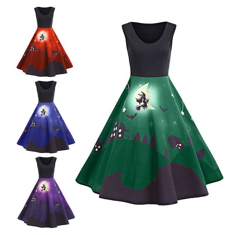 Halloween Moon Bat Castle Print Vintage Dress Women Retro Rockabilly A Line Pin Up Sleeveless Swing Party Dresses Halloween Moon Bat Castle Print Vintage Dress Women Retro Rockabilly A Line Pin Up Sleeveless Swing Party Dresses