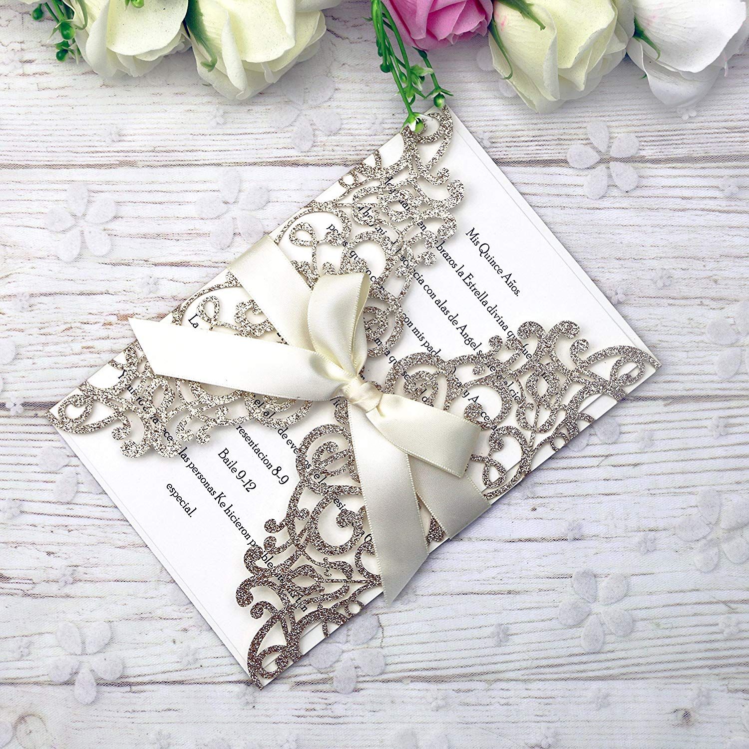 2018 new arrival gold glitter invitations cards with ribbons for