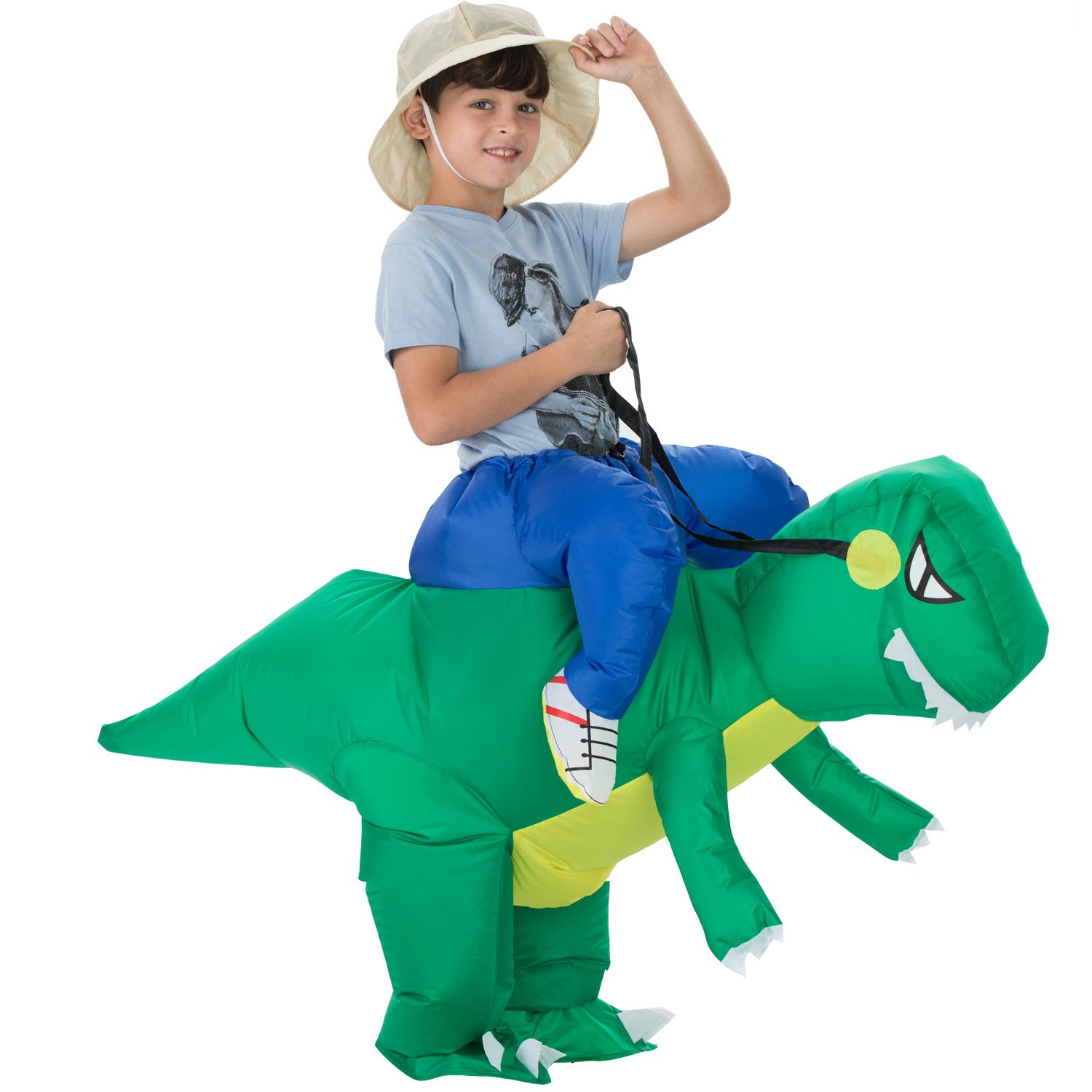 kid riding a dinosaur costume