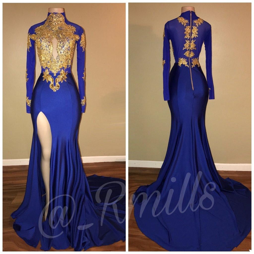 royal blue with gold prom dress