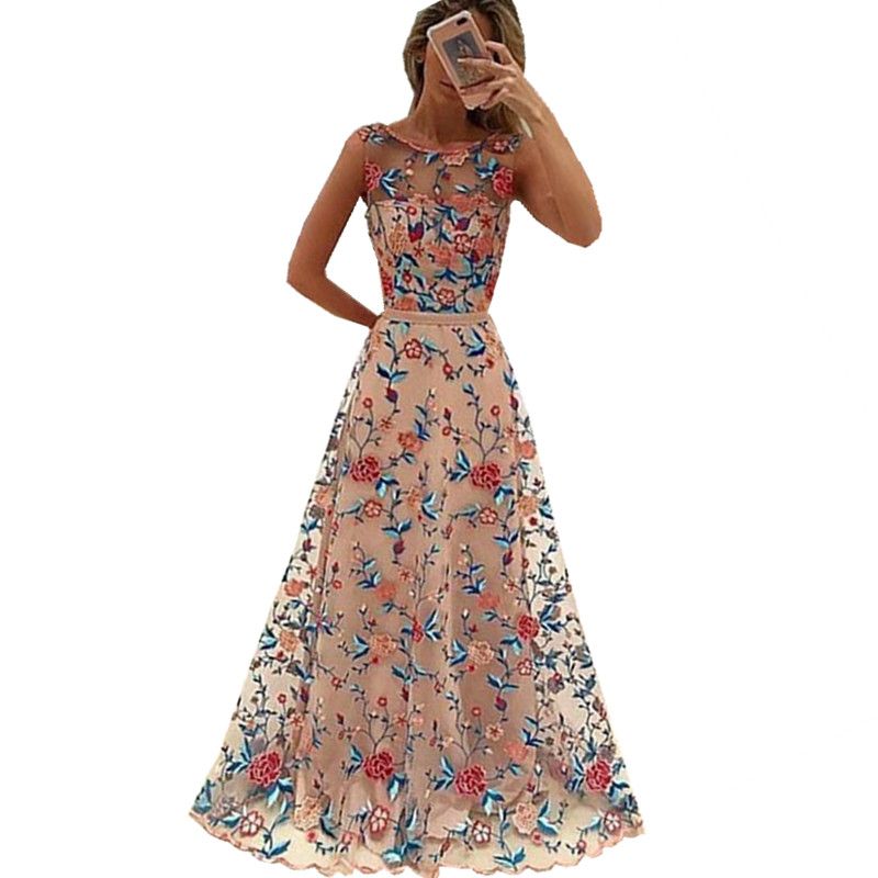 2020 Runway Women Floral Embroidery Flower Dress Summer Mesh Maxi Dress ...
