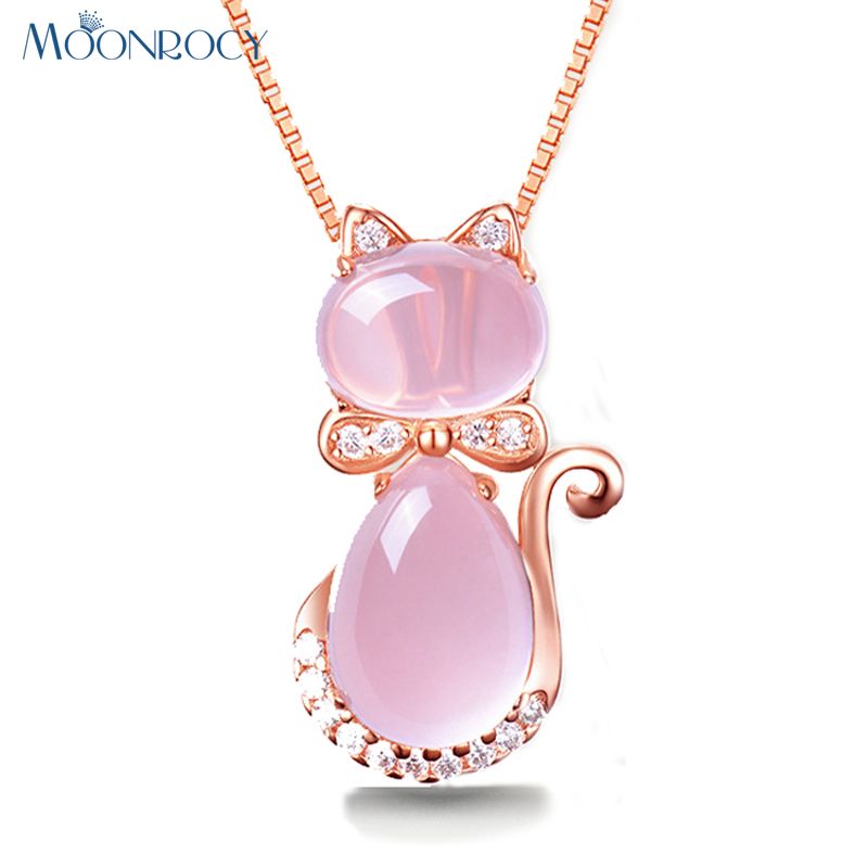Whole Moonrocy Rose Gold Color Cute Cat Ross Quartz Pink Opal Whole Moonrocy Rose Gold Color Cute Cat Ross Quartz Pink Opal Jewelry Necklace For Women Girls Children Gift Choker Pendant Silver Chain From