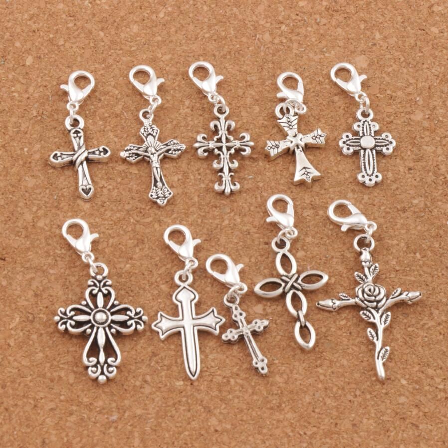 2019 Cross Jesus Lobster Claw Clasp Charm Beads Tibetan Silver Floating