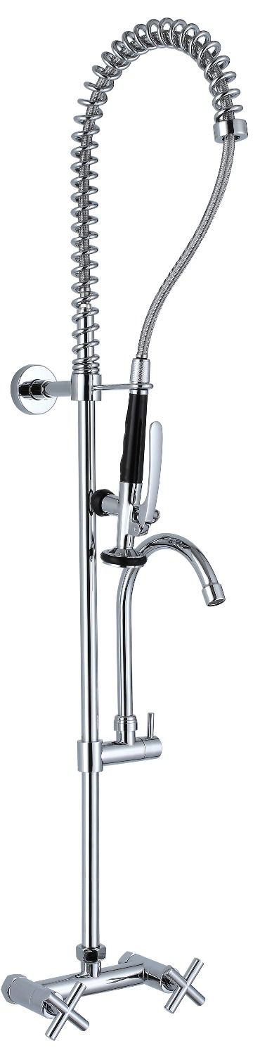 Wall Mounted Brass Pre Rinse Kitchen Sink Faucet Double Hanlde Commercial Kitchen Faucet With Pull Down Pre Rinse Sprayer Spout