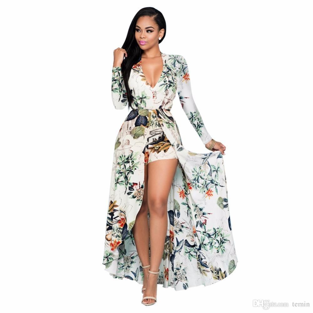 Wholesale 2017 Women Long Floral Beach Jumpsuit Long Sleeve V Neck Sexy Bodysuit Fashion Chiffon Romper Combinaison Femme Plus Size