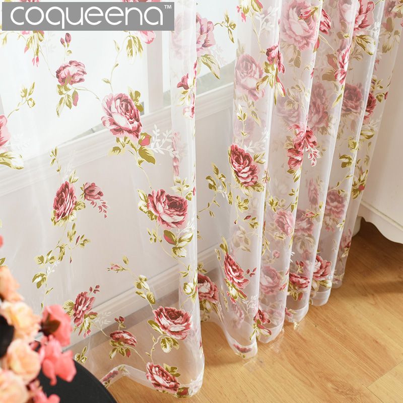 Ready Made Custom Red Peony Tulle Curtains For Kitchen Door Window Living Room Bedroom Sheer Voile Yarn 1 Panel Pcs