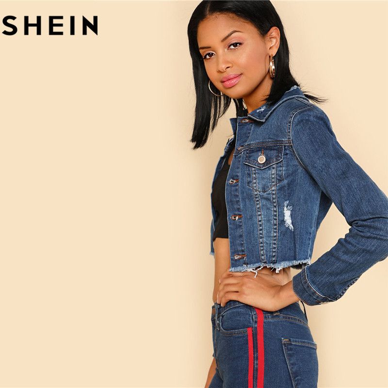 Giacche Di Jeans Casual A Manica Lunga Blu Maniche Lunghe SHEIN 2018  Colletto Rovesciato Bordato Con Orlo A Tinta Unita Da 53,92 € | DHgate Italy